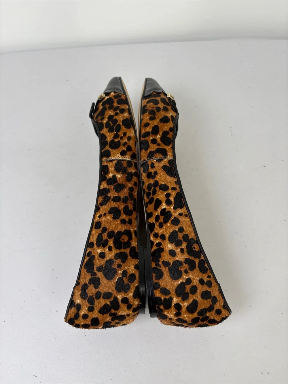 👞 Lands' End fur leather Leopard Print Pointed Toe Flats with Black Patent Cap